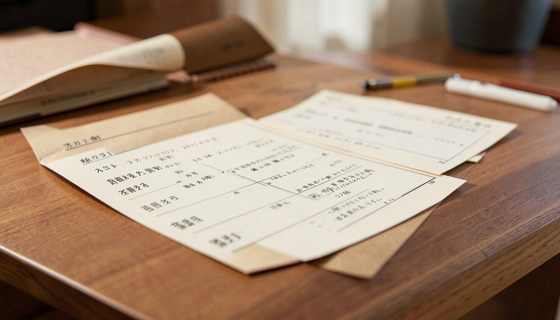 番号が振られたクエスト用紙が整然と並ぶデスク、温かみのある茶色とクリーム色のトーン