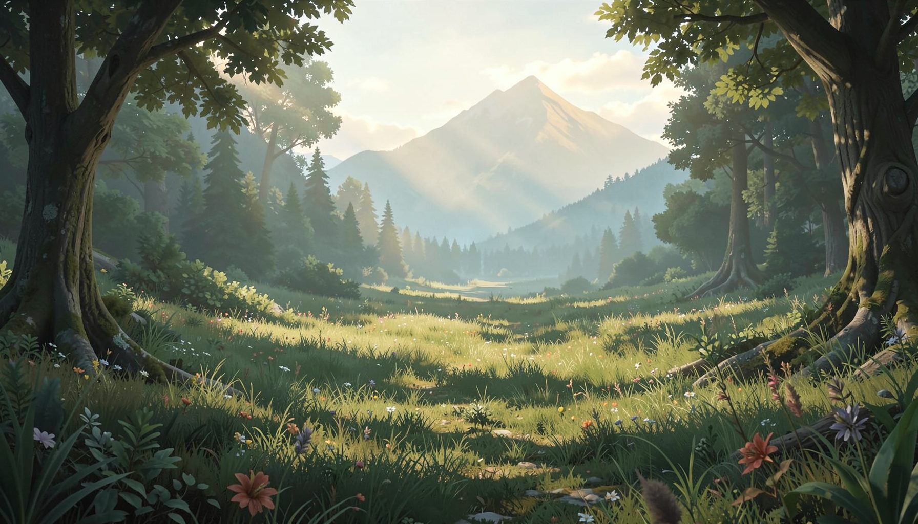 緑と茶色を基調にした草原と森が広がる幻想的な風景、遠くに山と光がかすかに差し込む冒険的で親しみやすい雰囲気の絵